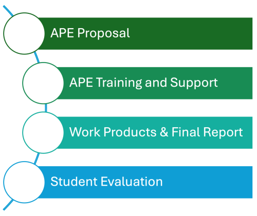 Public health practice infographic for preceptor work flow: APE proposal, training and support, work products and final report, and student evaluation